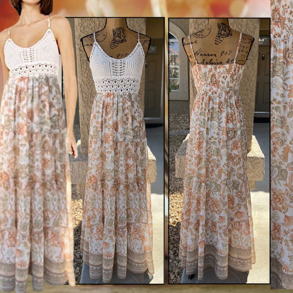 Flying Tomato Crochet Top Detail Floral Print Combo Maxi Dress Size M - Picture 12 of 13